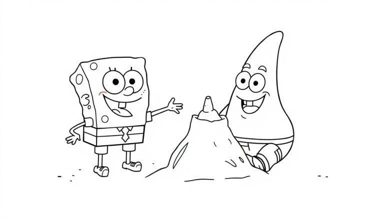 Spongebob en Patrick bij een zandkasteel kleurplaat