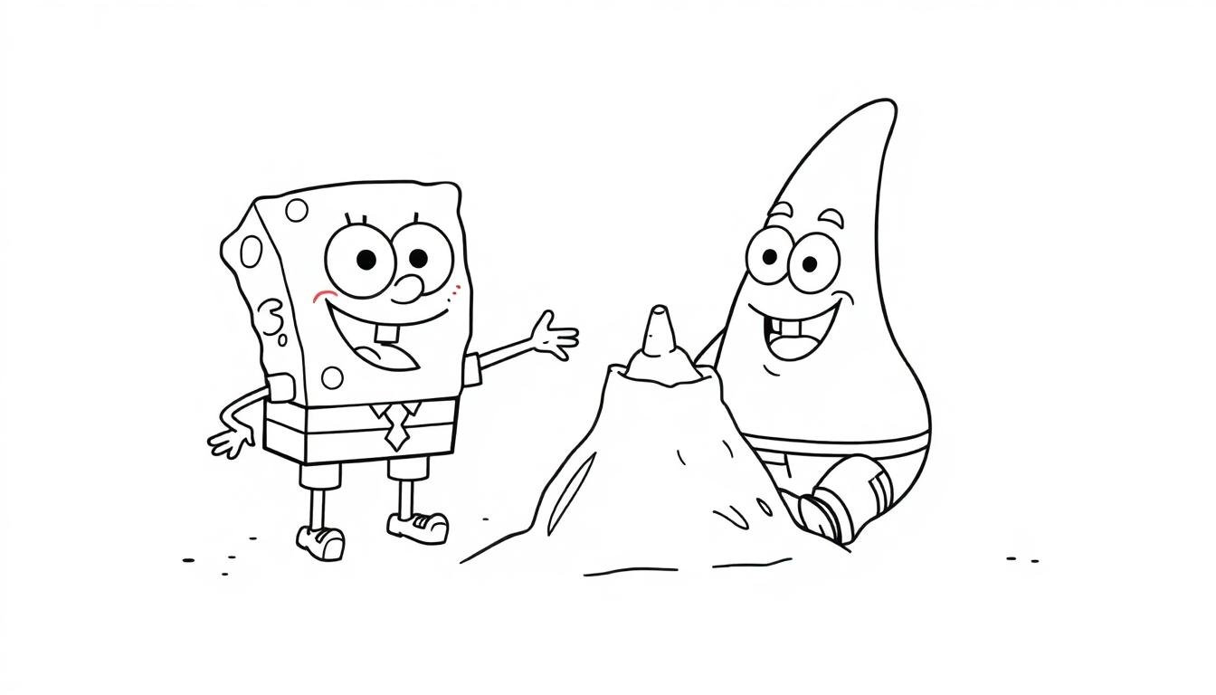 Spongebob en Patrick bij een zandkasteel kleurplaat