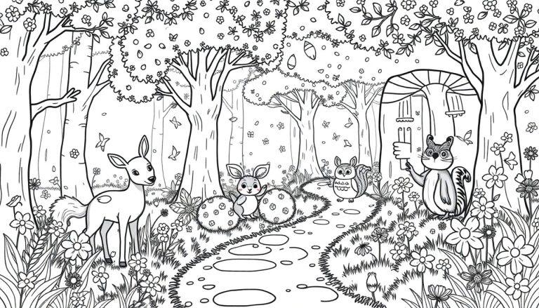 Vrolijke kleurplaat van een bos met dieren.