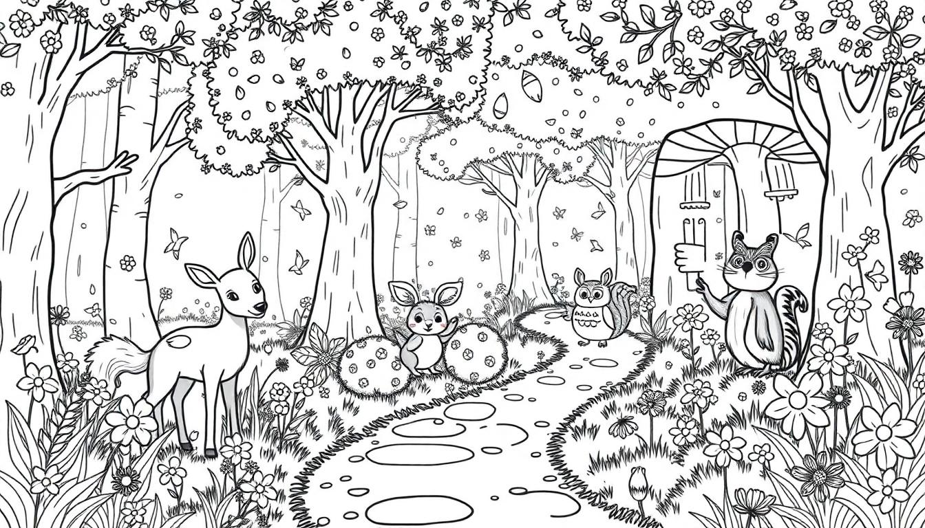 Vrolijke kleurplaat van een bos met dieren.