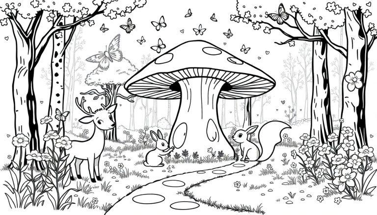 Vrolijke bos kleurplaat met hert, konijn, eekhoorn en paddenstoel.