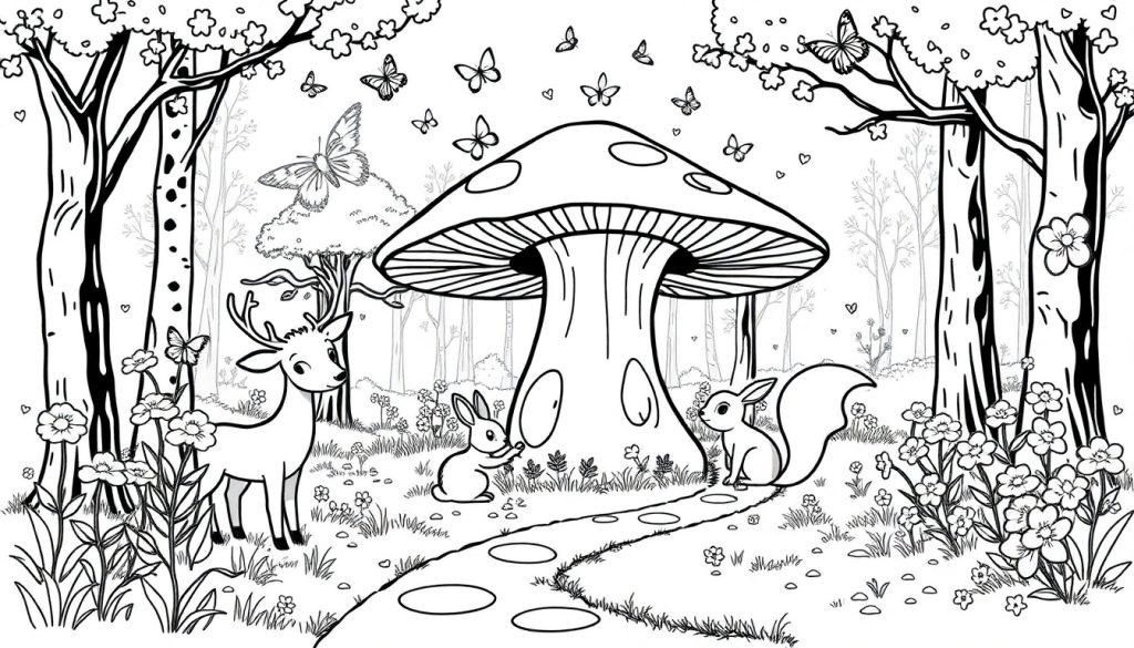 Vrolijke bos kleurplaat met hert, konijntjes en eekhoorn.