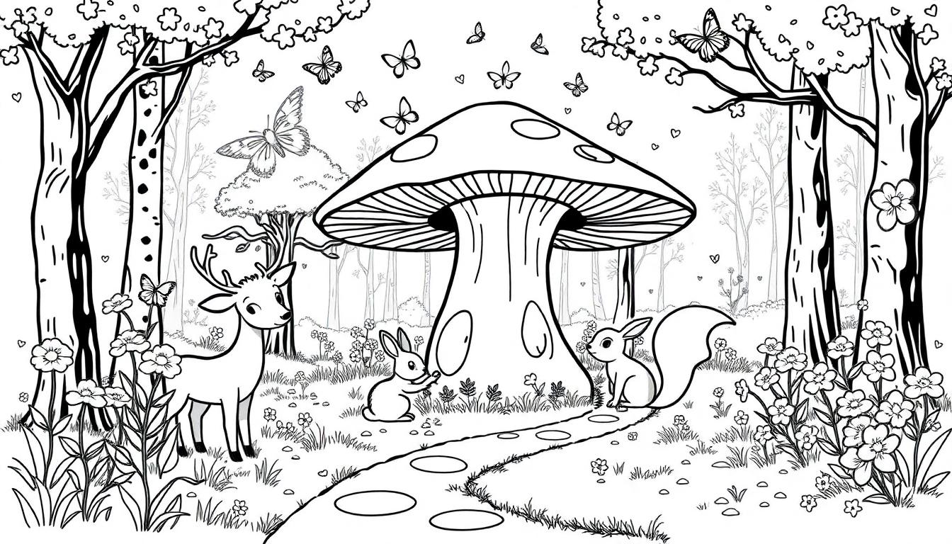 Vrolijke bos kleurplaat met hert, konijntjes en eekhoorn.