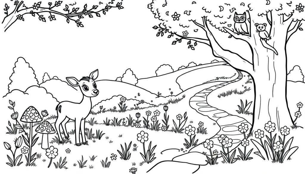 Vrolijke bos kleurplaat met hertje, konijntjes, eekhoorns en uiltjes.