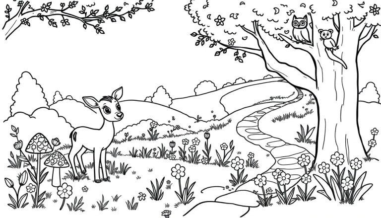 Vrolijke bos kleurplaat met hertje, konijntjes, eekhoorns en uiltjes.