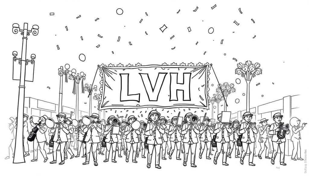 Kleurplaat van een vrolijke fanfare met het LVH vaandel.