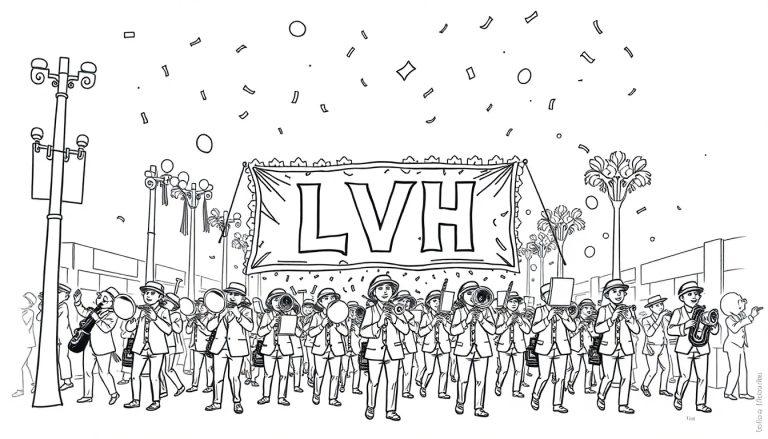 Kleurplaat van een vrolijke fanfare met het LVH vaandel.