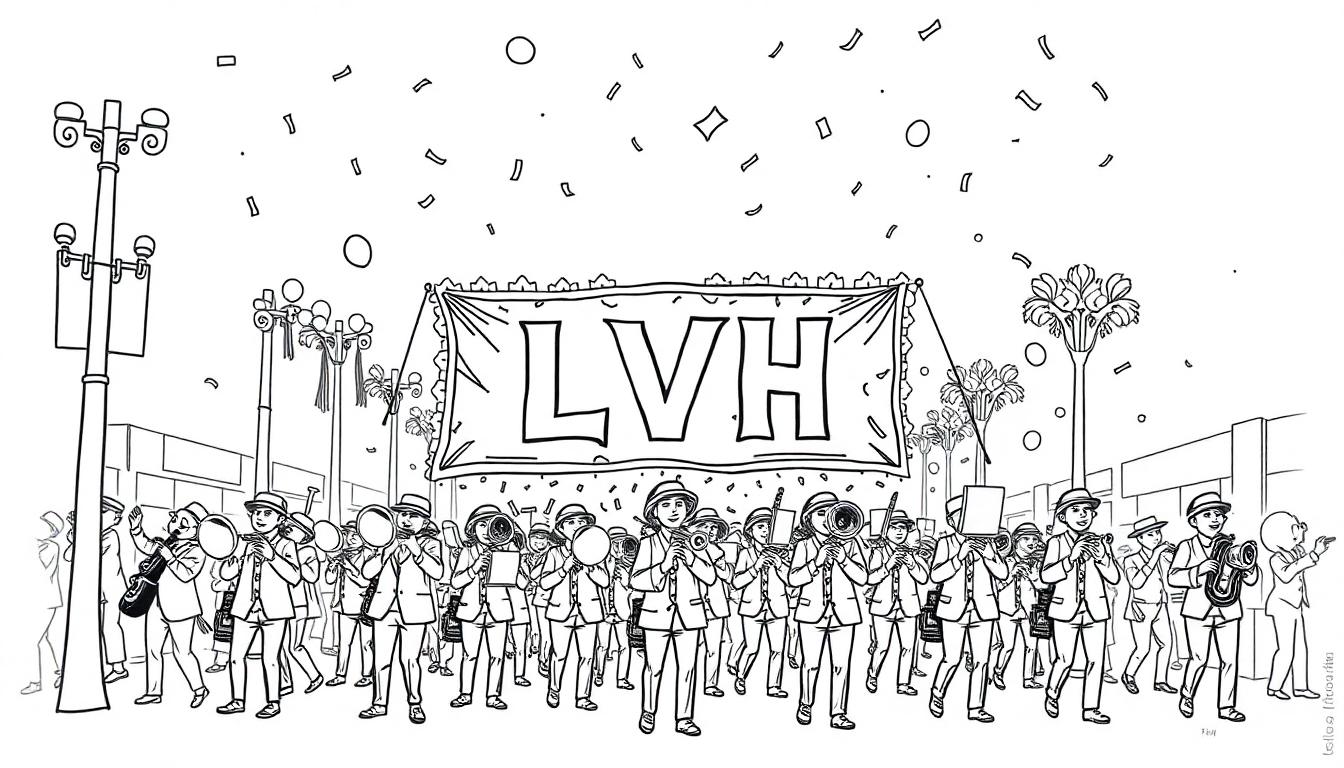 Kleurplaat van een vrolijke fanfare met het LVH vaandel.