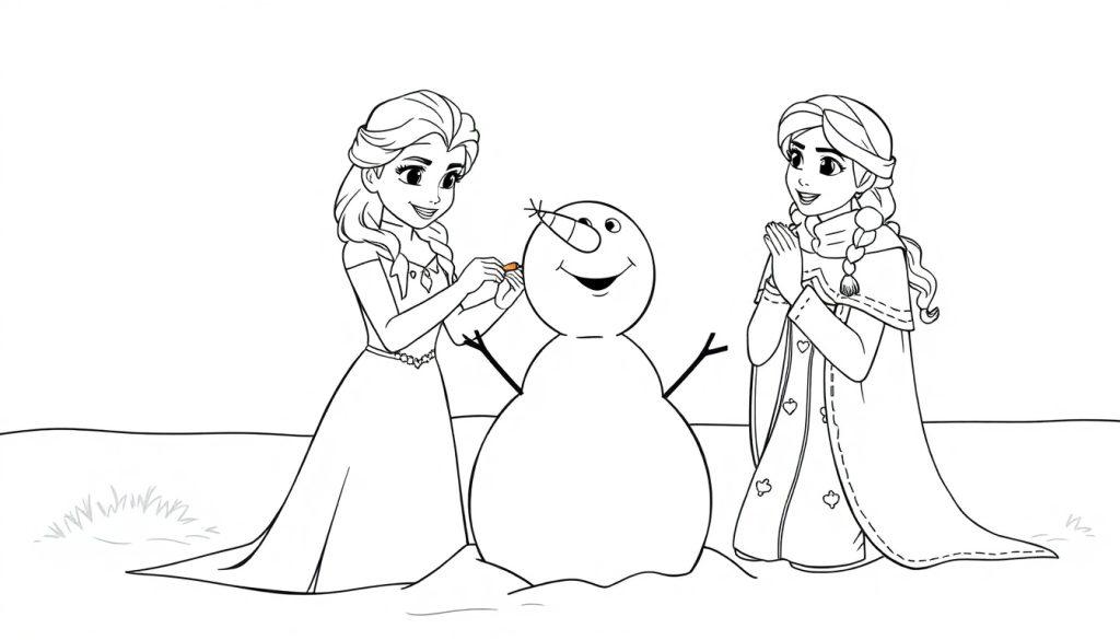 Elsa en Anna maken een sneeuwpop: een leuke kleurplaat!