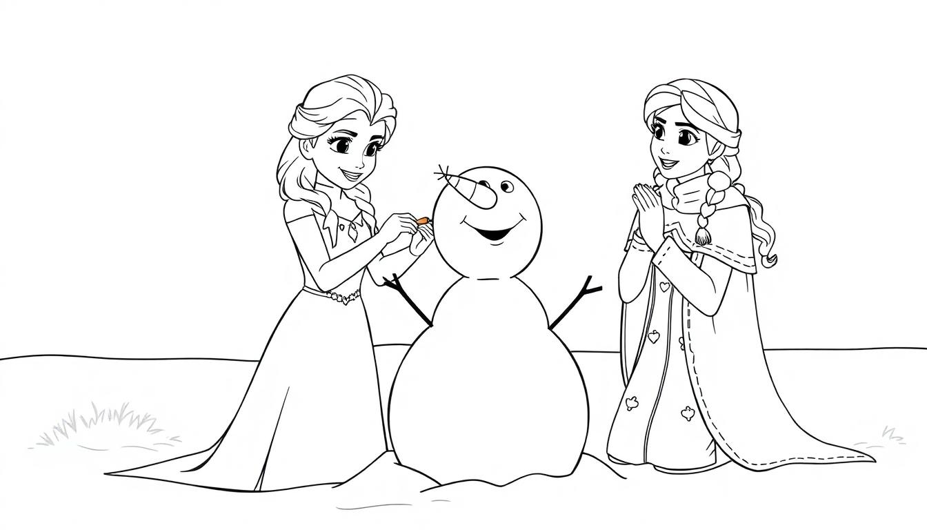 Elsa en Anna maken een sneeuwpop: een leuke kleurplaat!