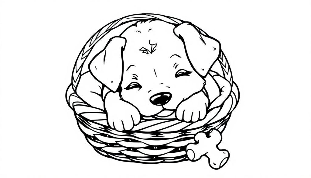 Schattige puppy in een mand - een leuke kleurplaat!