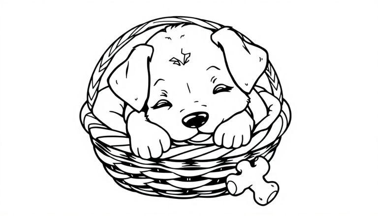 Schattige puppy in een mand - een leuke kleurplaat!