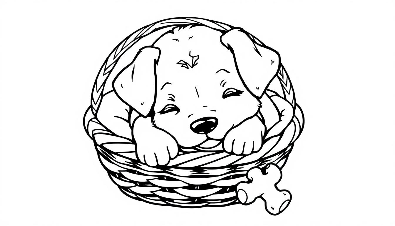 Schattige puppy in een mand - een leuke kleurplaat!