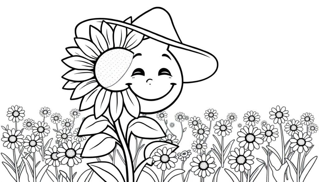 Grote zonnebloem kleurplaat met een lachend gezicht en hoed, omringd door madeliefjes kleurplaat.