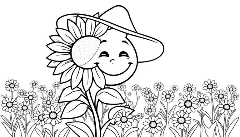 Grote zonnebloem kleurplaat met een lachend gezicht en hoed, omringd door madeliefjes kleurplaat.