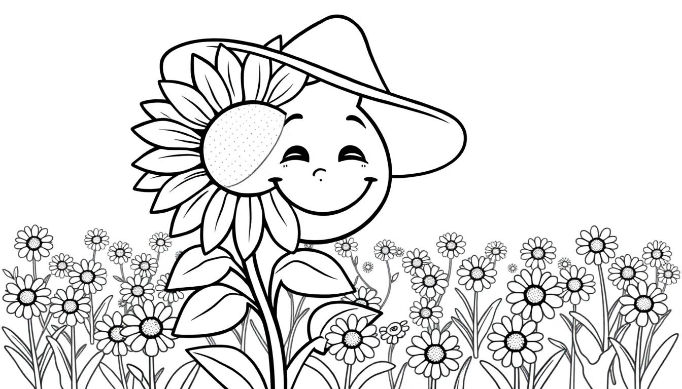 Grote zonnebloem kleurplaat met een lachend gezicht en hoed, omringd door madeliefjes kleurplaat.