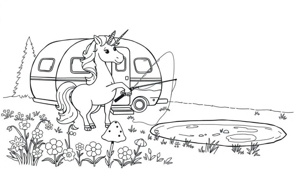 Kleurplaat van een eenhoorn die vist bij een kampeerauto.