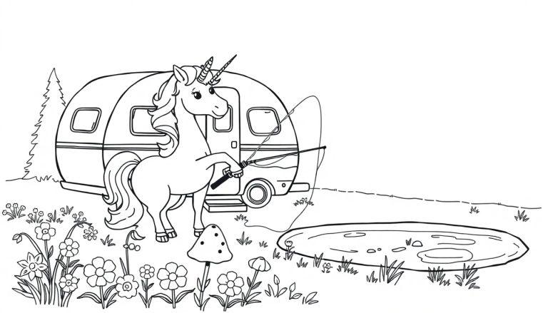 Kleurplaat van een eenhoorn die vist bij een kampeerauto.