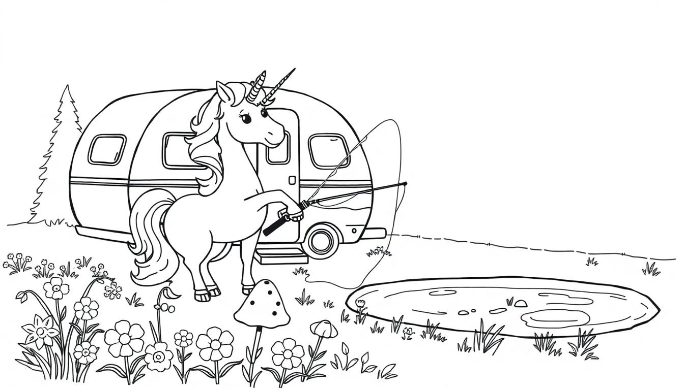 Kleurplaat van een eenhoorn die vist bij een kampeerauto.