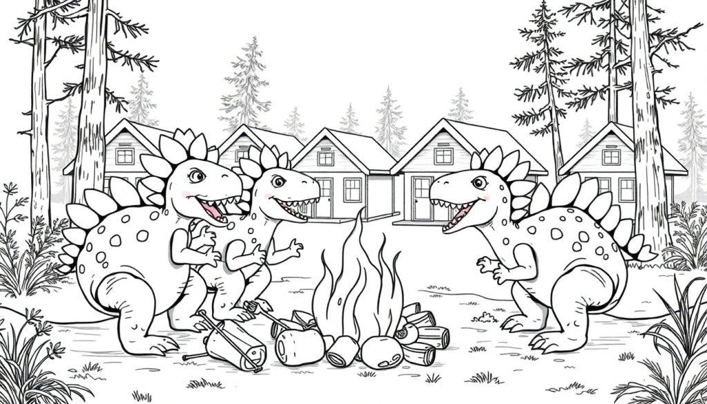 Dino camping kleurplaat met Stegosaurussen bij een kampvuur.