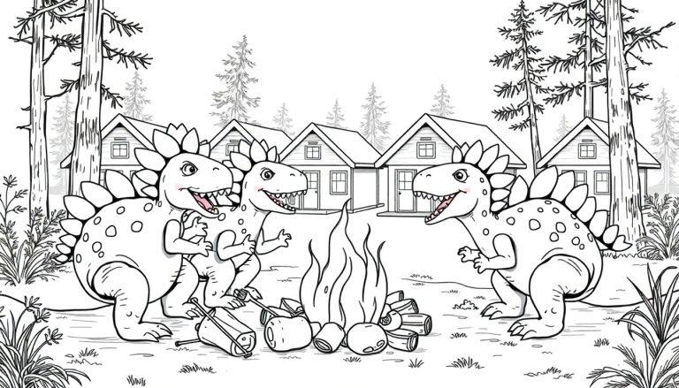 Dino camping kleurplaat met Stegosaurussen bij een kampvuur.