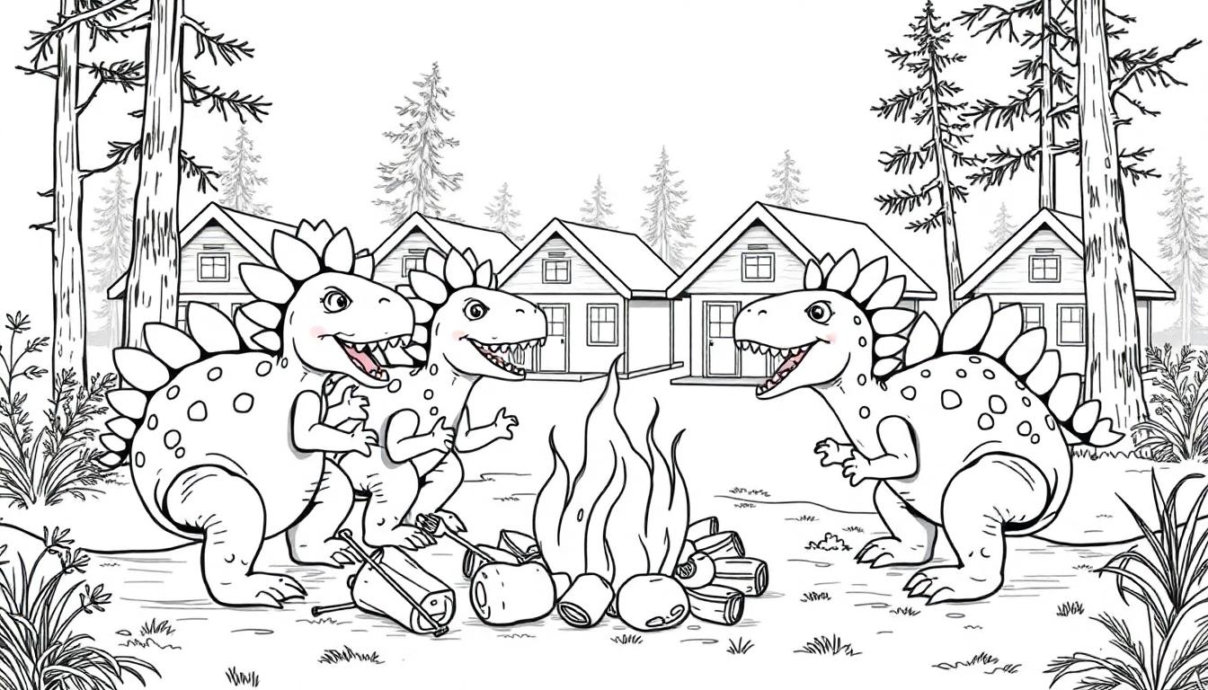 Dino camping kleurplaat met Stegosaurussen bij een kampvuur.