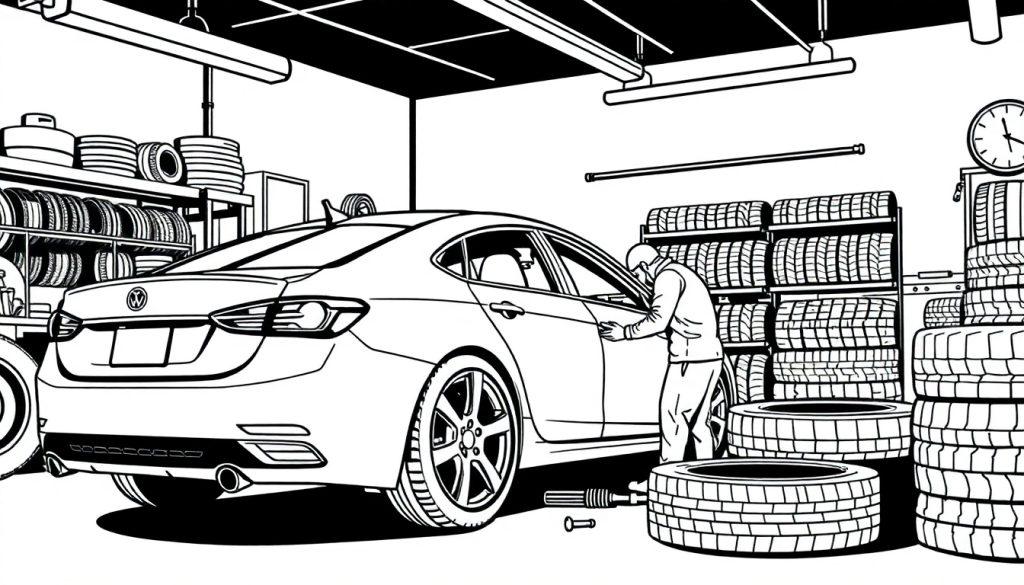 Kleurplaat van een garage met een auto en banden.