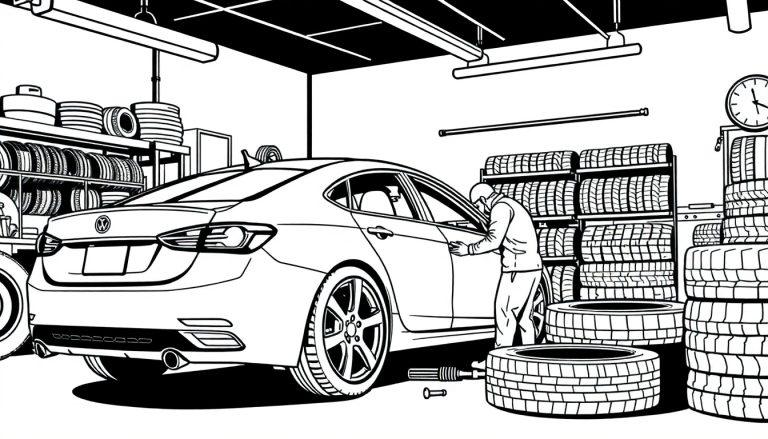 Kleurplaat van een garage met een auto en banden.