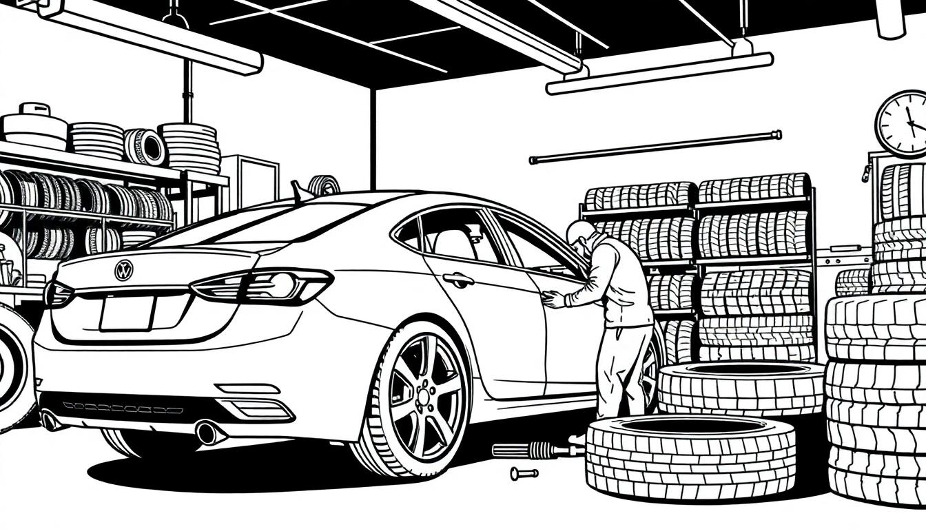 Kleurplaat van een garage met een auto en banden.