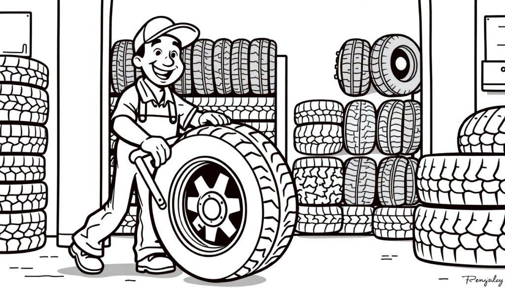 Kleurplaat van een bandenmonteur in een garage met autobanden.