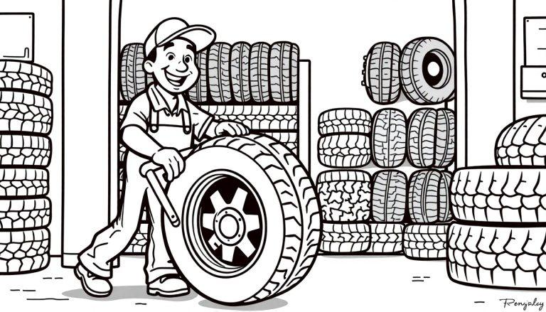 Kleurplaat van een bandenmonteur in een garage met autobanden.