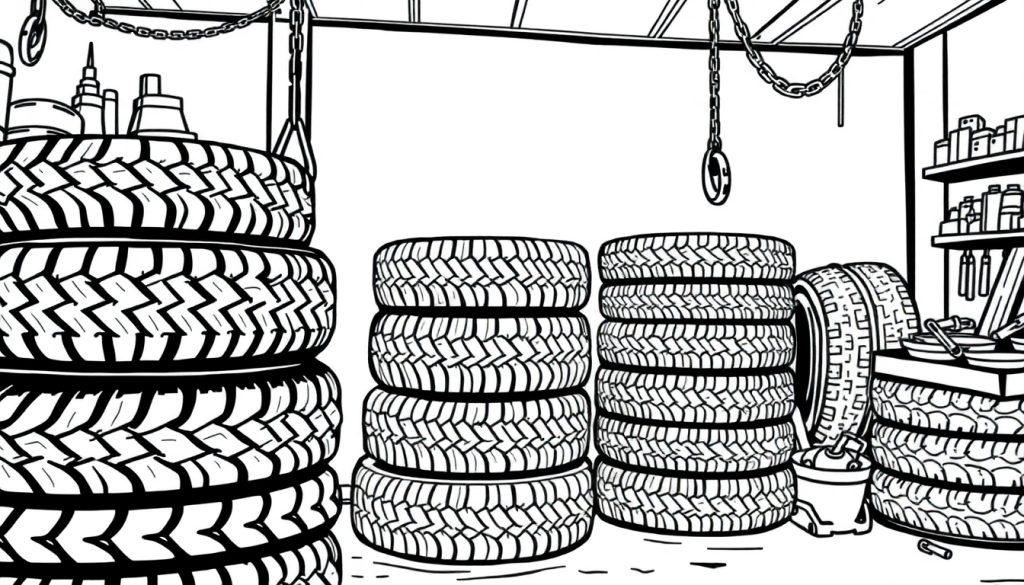 Kleurplaat van een garage vol banden