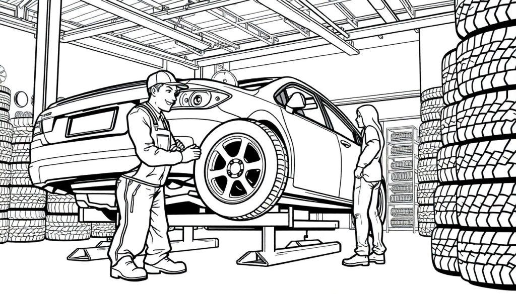 Kleurplaat van een garage met een auto op een lift en mensen die werken aan banden.