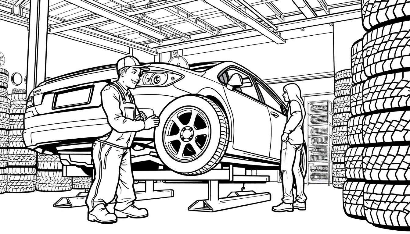 Kleurplaat van een garage met een auto op een lift en mensen die werken aan banden.