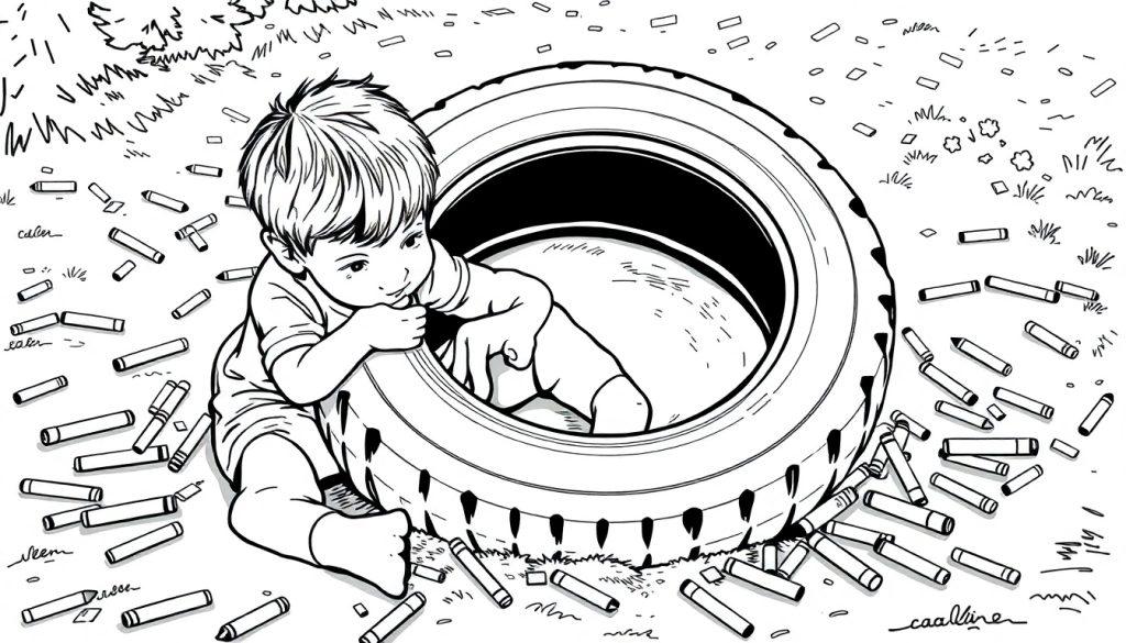 Kleurplaat van een kind met een autoband en kleurpotloden.