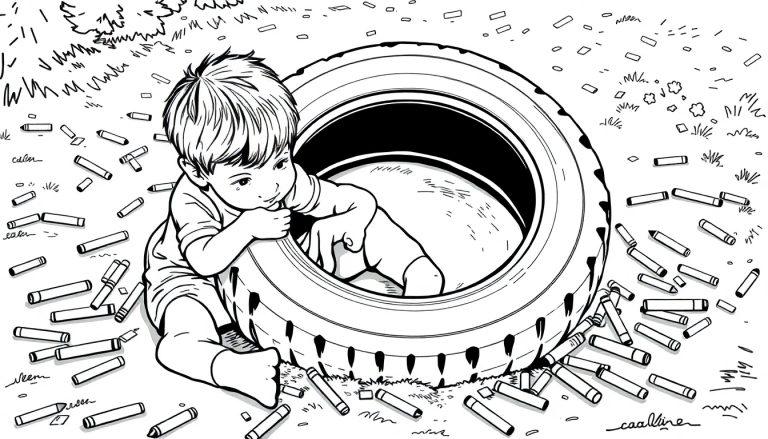 Kleurplaat van een kind met een autoband en kleurpotloden.