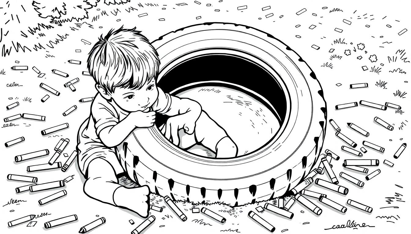 Kleurplaat van een kind met een autoband en kleurpotloden.