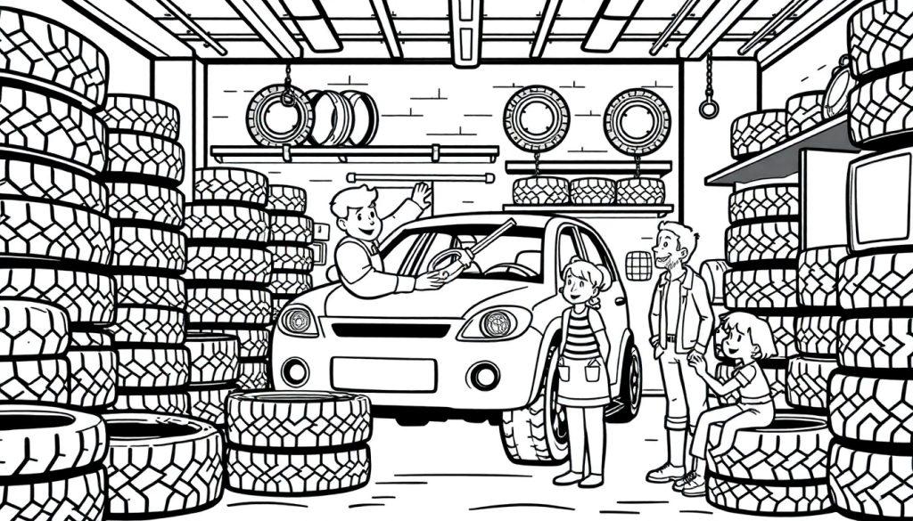 Kleurplaat van een garage met een auto, monteur en familie