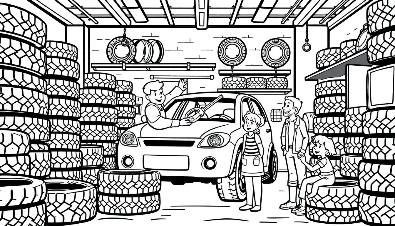 Kleurplaat van een garage met een auto, monteur en familie