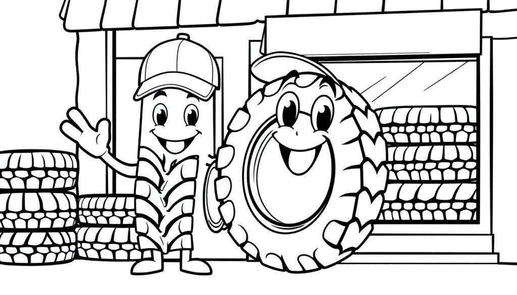 Kleurplaat van vrolijke autobanden bij de garage