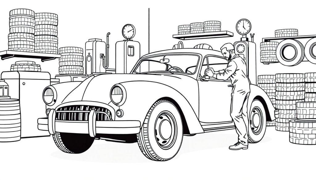 Kleurplaat van een retro garage met banden en een monteur.