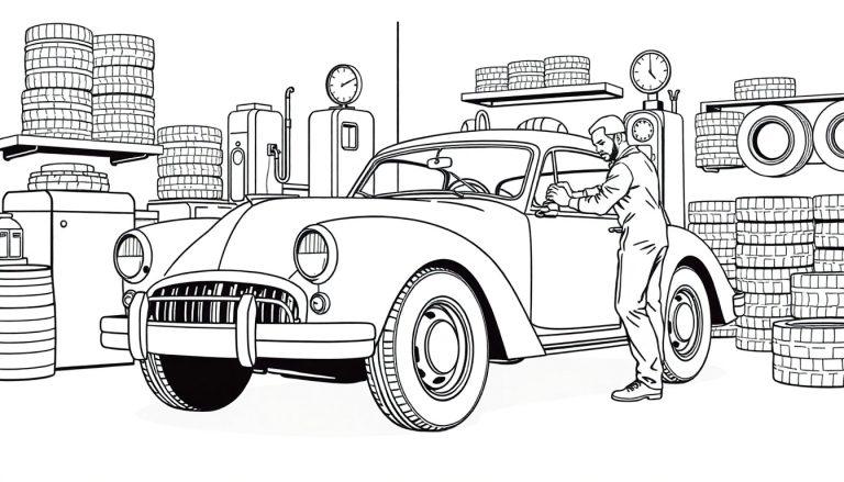 Kleurplaat van een retro garage met banden en een monteur.