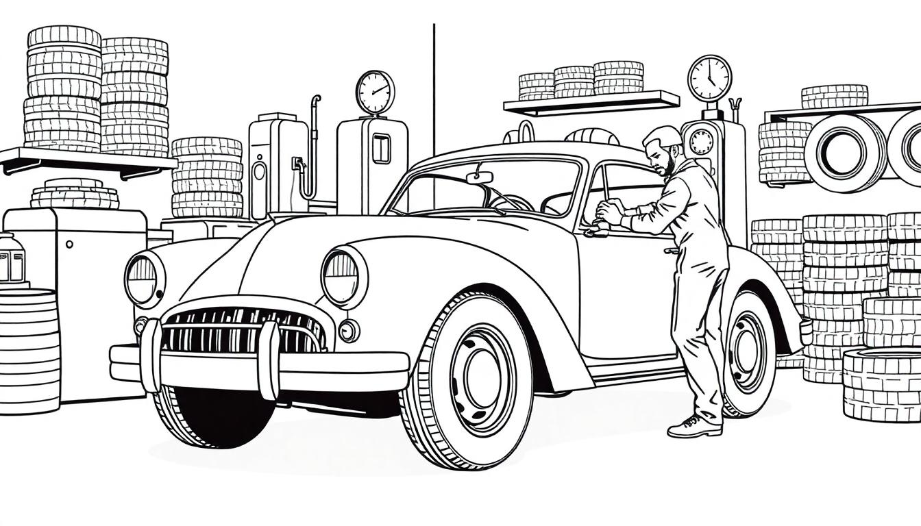 Kleurplaat van een retro garage met banden en een monteur.