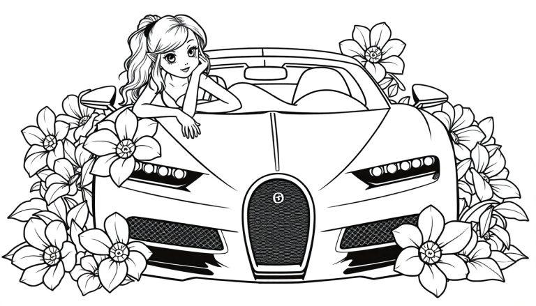 Kleurplaat van een meisje bij een Bugatti vol bloemen.