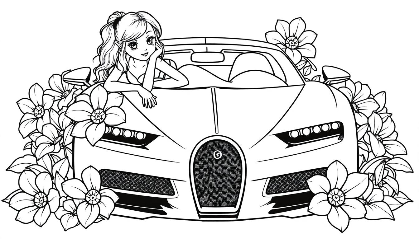 Kleurplaat van een meisje bij een Bugatti vol bloemen.