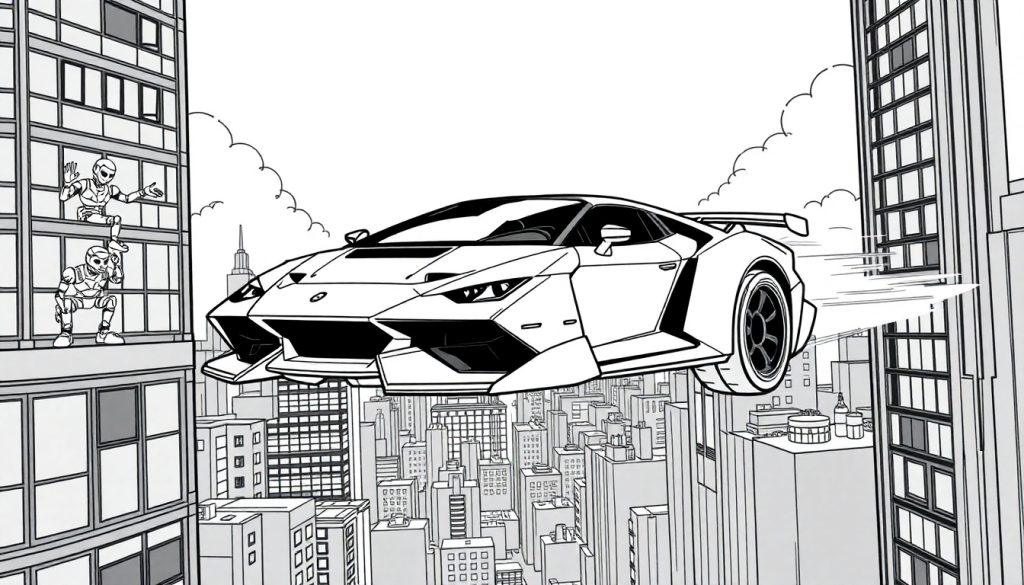 Futuristisch kleurplaat van een vliegende auto in een stad met robots.