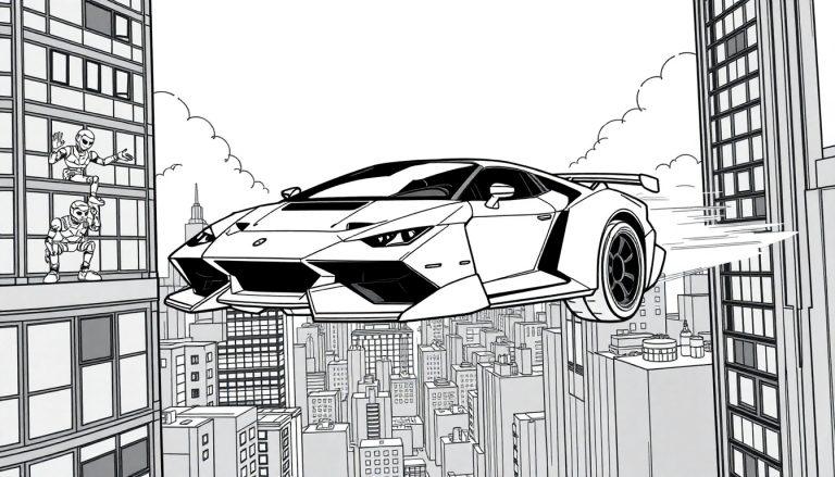 Futuristisch kleurplaat van een vliegende auto in een stad met robots.