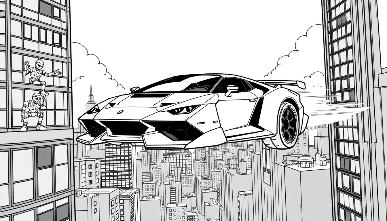 Futuristisch kleurplaat van een vliegende auto in een stad met robots.