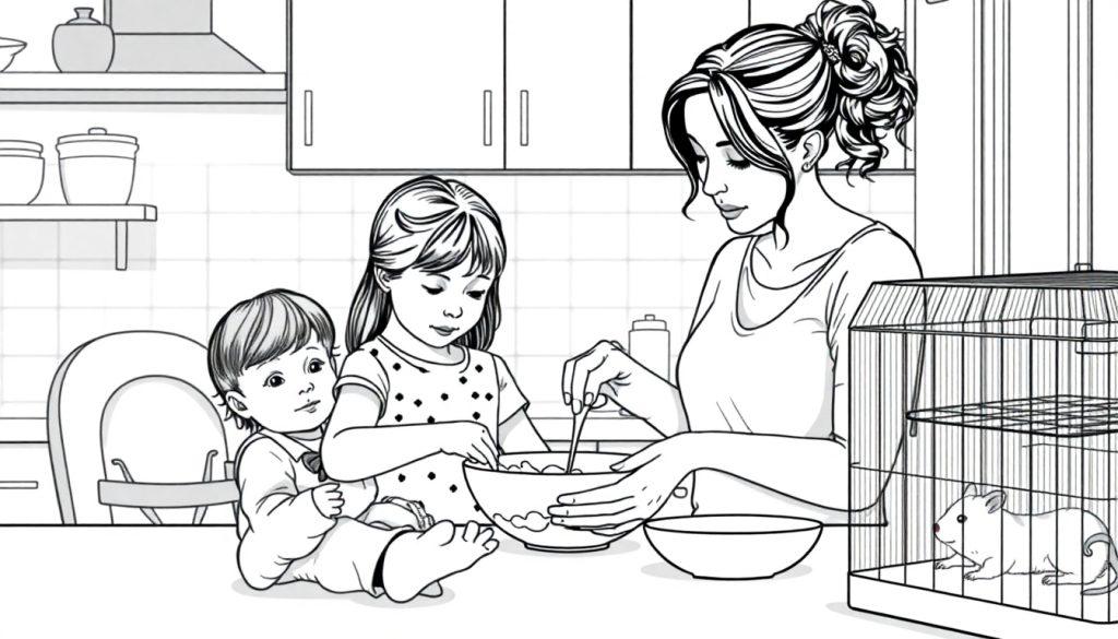 Kleurplaat van een vrouw die kookt met haar kinderen en een hamster.