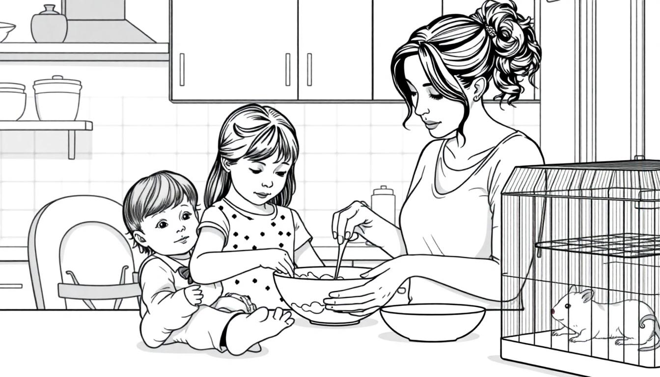 Kleurplaat van een vrouw die kookt met haar kinderen en een hamster.